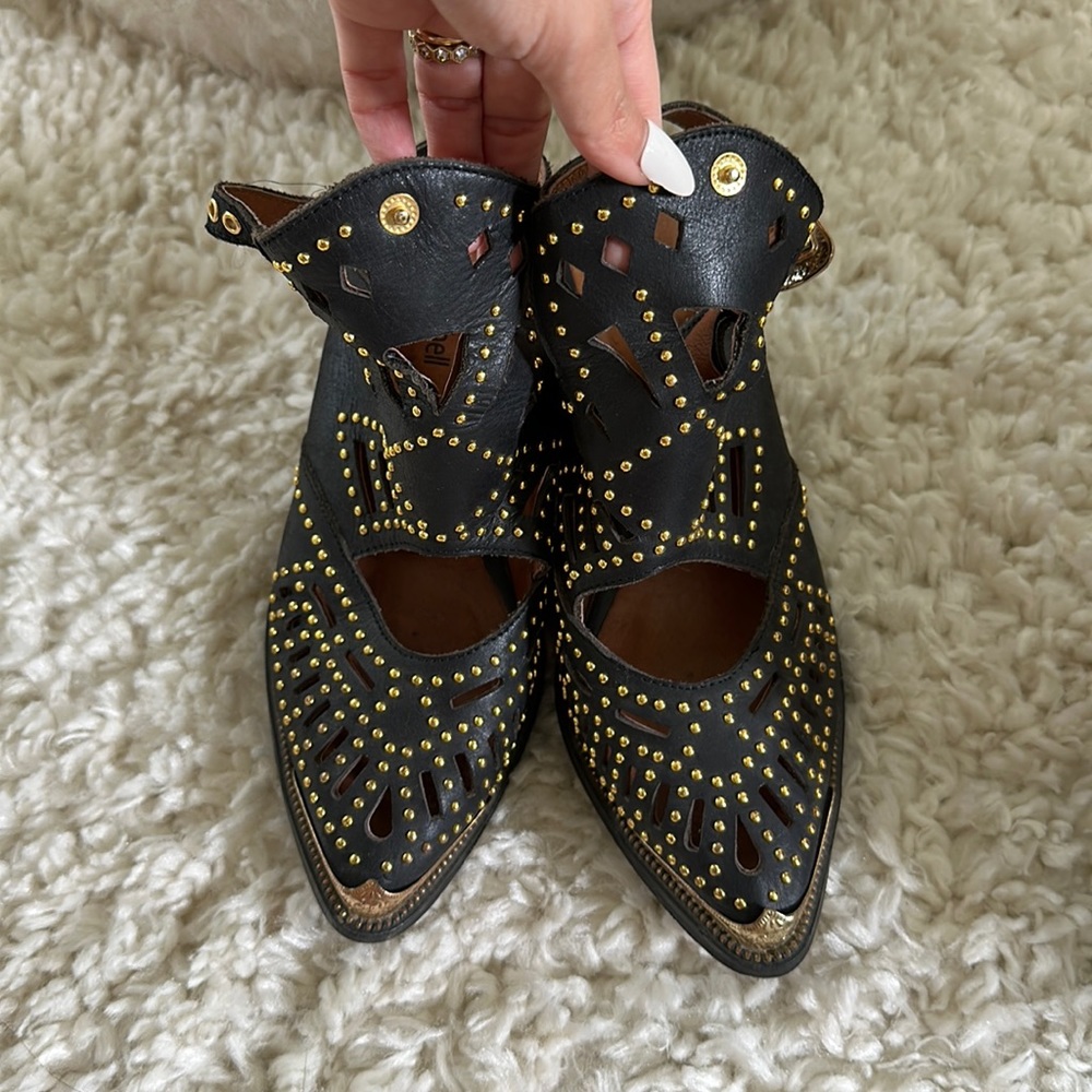 Jeffrey Campbell gold studded black leather shoes booties 5.5